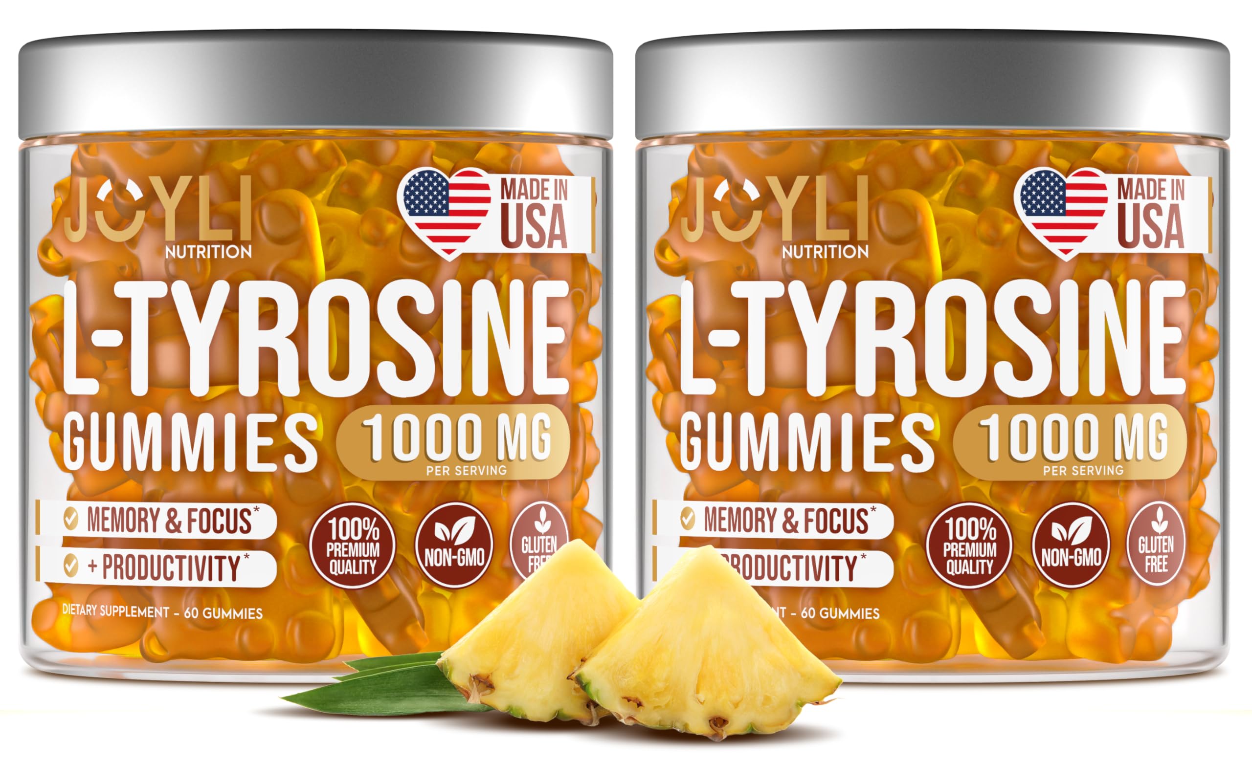 JOYLI Nutrition L-Tyrosine Gummies bottle top view invites focus and daytime energy.