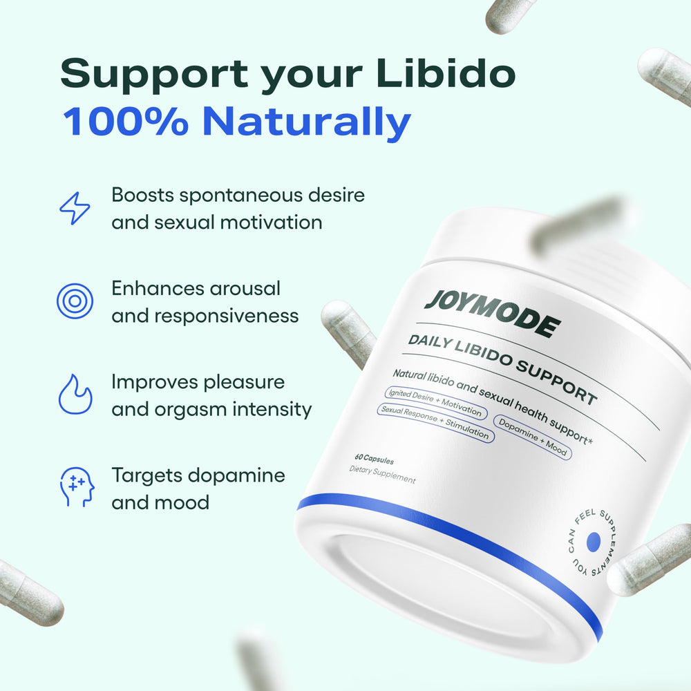 JOYMODE Daily Libido capsules close-up showing natural ingredient blend for energy
