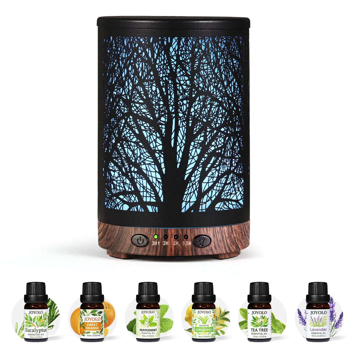 JOYOLO oil diffuser with tree-pattern metal design for elegant room decor