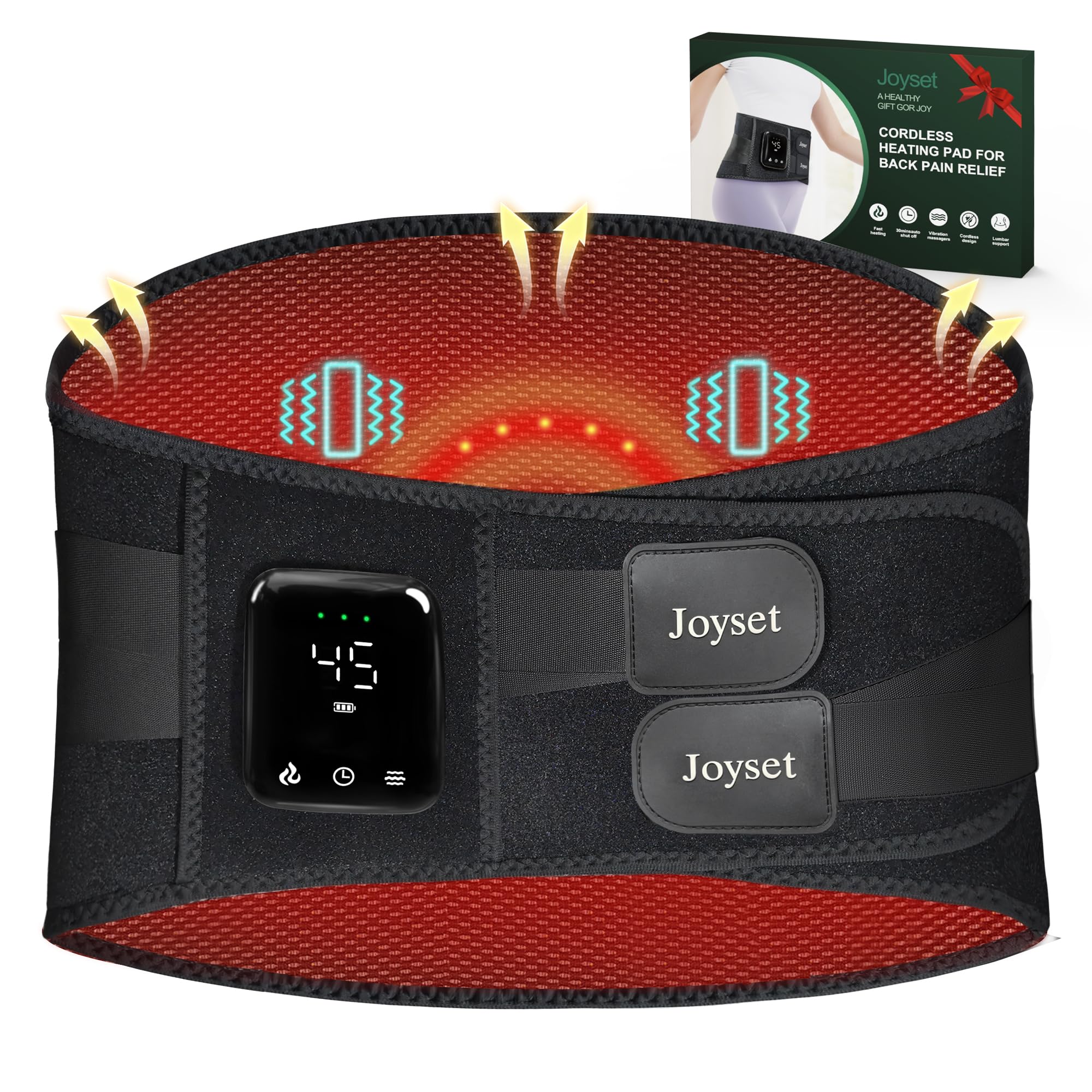 Joyset cordless back heating pad offers portable warmth for on-the-go relief.