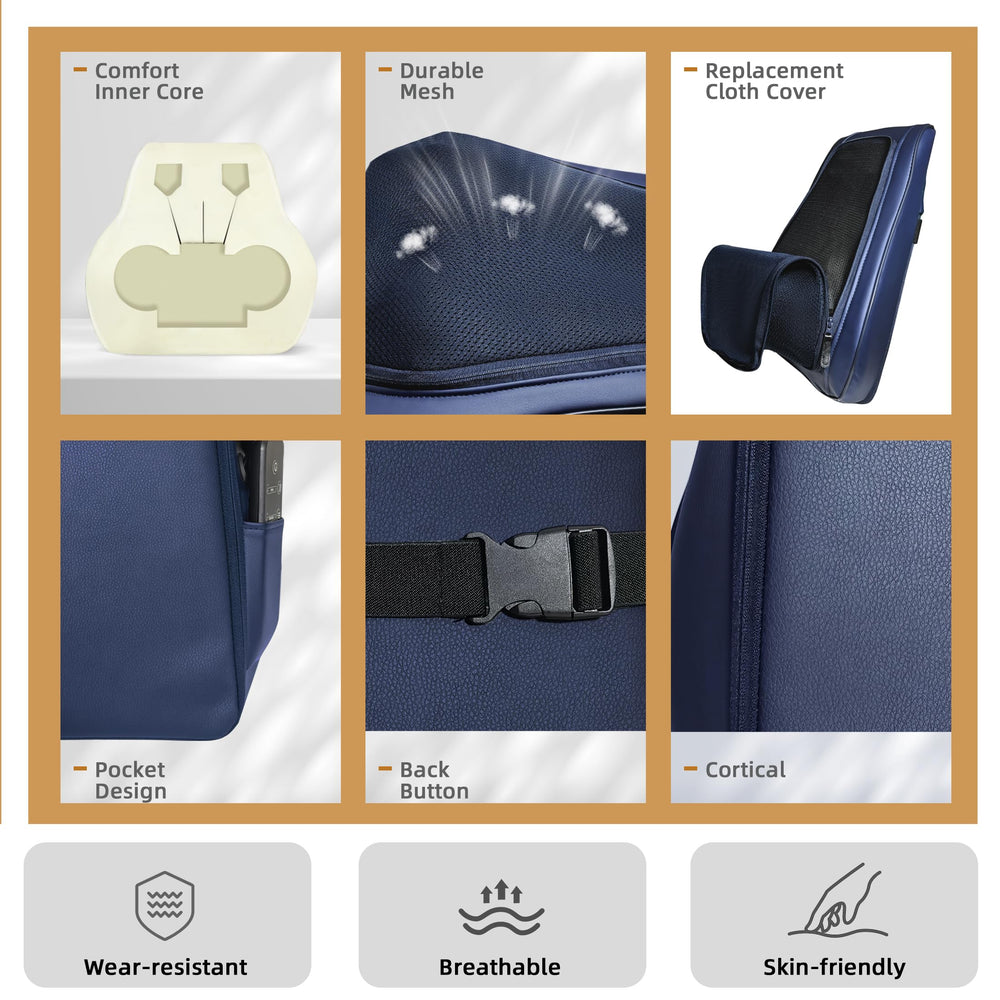 Elastic bands secure the pillow on sofas, recliners, or work chairs.