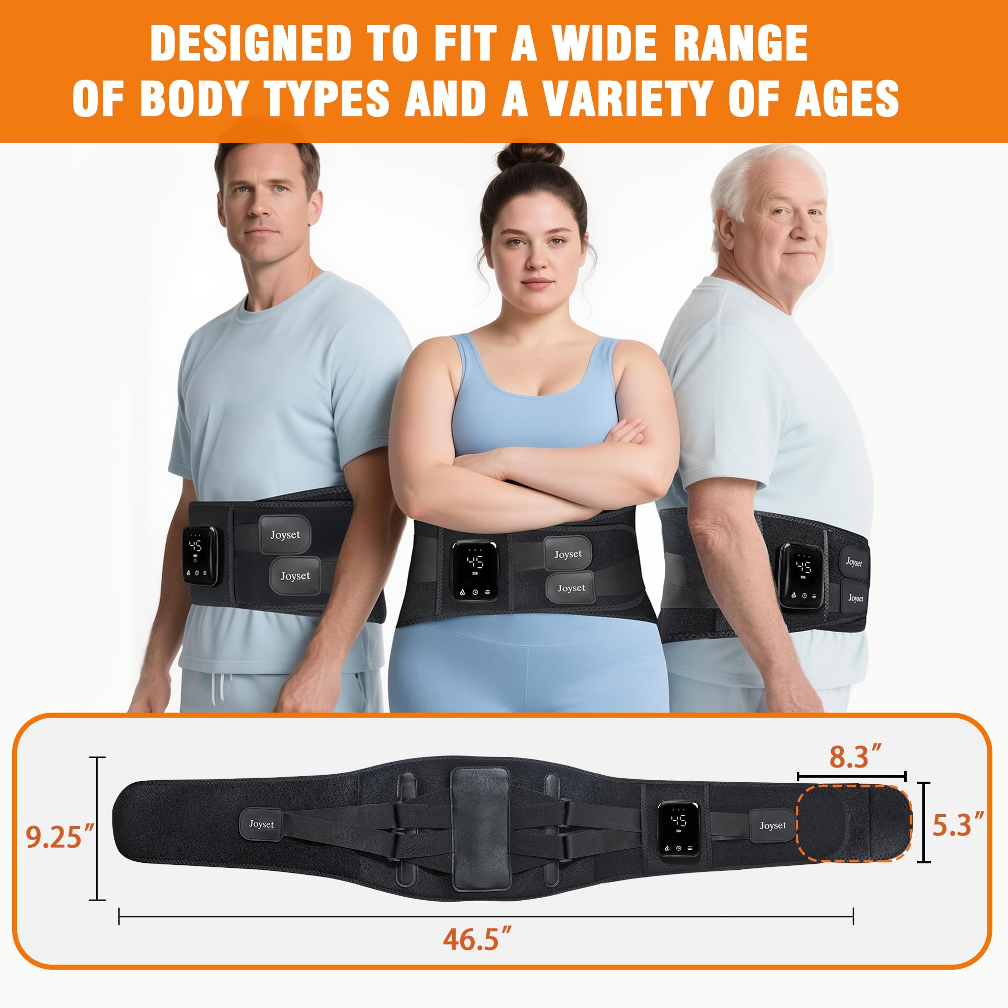 Joyset extendable waist belt fits up to 55 inches for flexible wear.