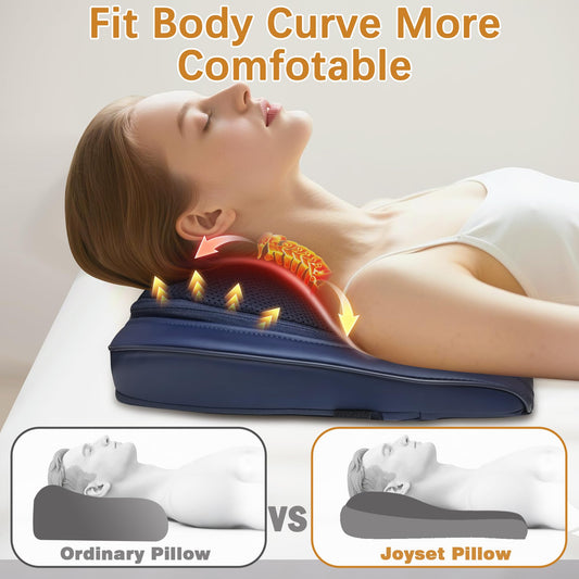 Joyset neck and shoulder massage pillow close-up shows ergonomic design for comfort.