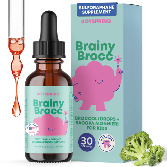 JoySpring broccoli drops bottle for easy daily dosing in kids.