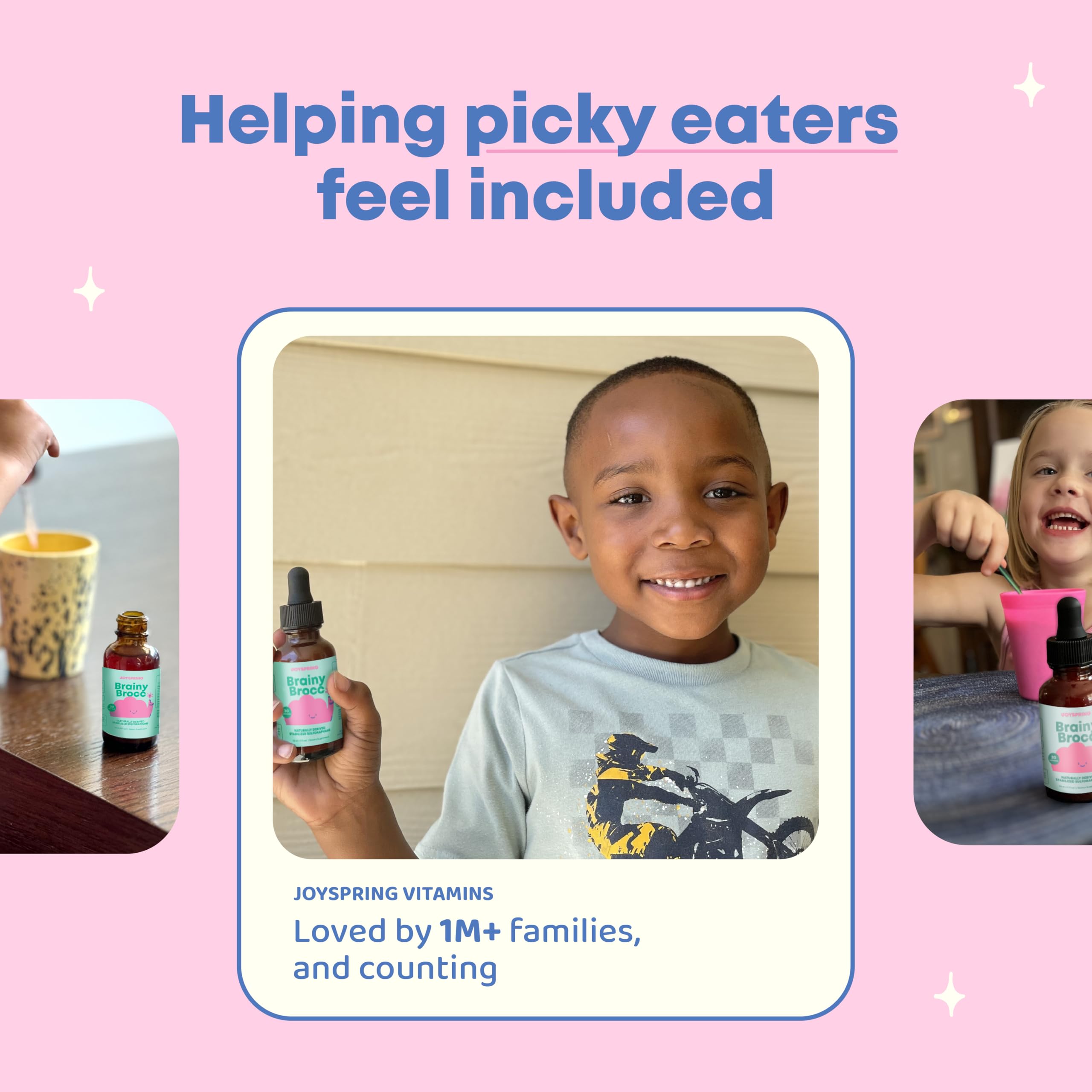 JoySpring broccoli drops dosing guide shows 1 dropper daily for ages 3+.