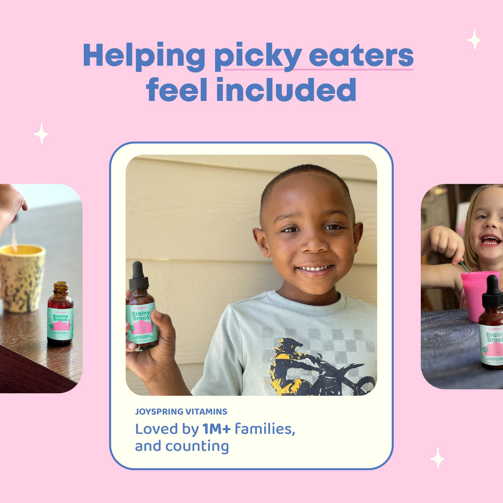 JoySpring broccoli drops dosing guide shows 1 dropper daily for ages 3+.