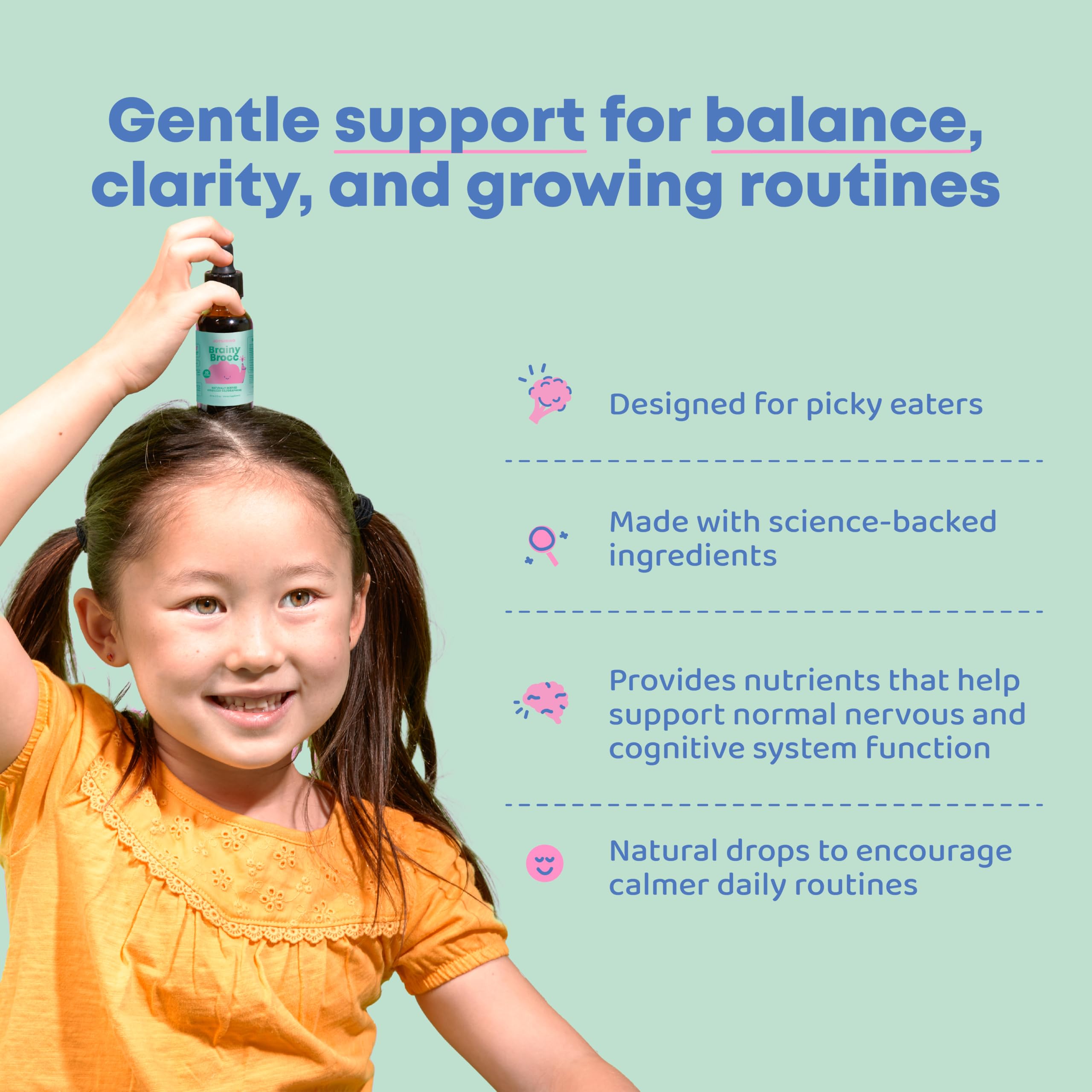 JoySpring broccoli drops ingredients highlight natural nutrients for kid routines.