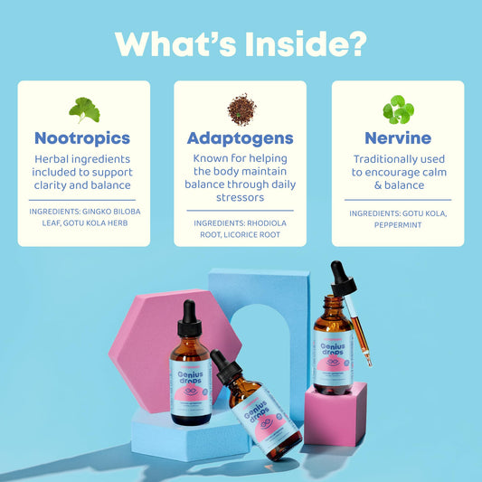 JoySpring Genius Drops bottle back showing organic ingredients and safety notes