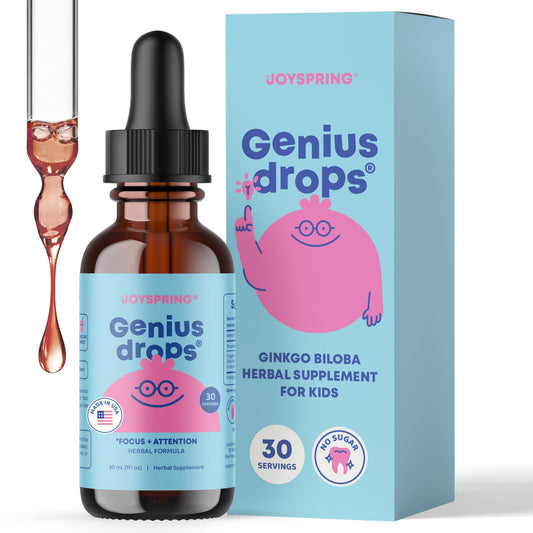 JoySpring Genius Drops bottle close-up for kids, with gentle focus support in a healthy daily routine.