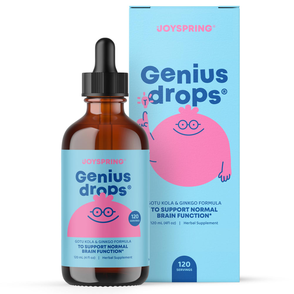 JoySpring Genius Drops bottle front for kid-friendly focus during schoolwork