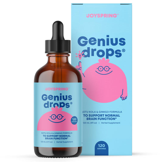 JoySpring Genius Drops bottle front for kid-friendly focus during schoolwork