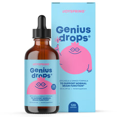 JoySpring Genius Drops bottle front for kid-friendly focus during schoolwork
