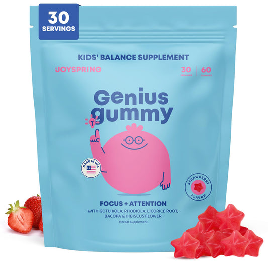JoySpring Genius Kids Focus Gummies bottle supports daily focus during study