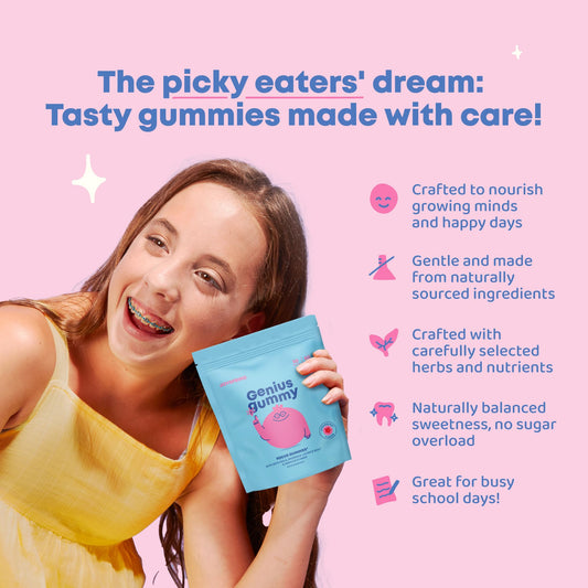 JoySpring Genius Kids Focus Gummies child taking them for school tasks