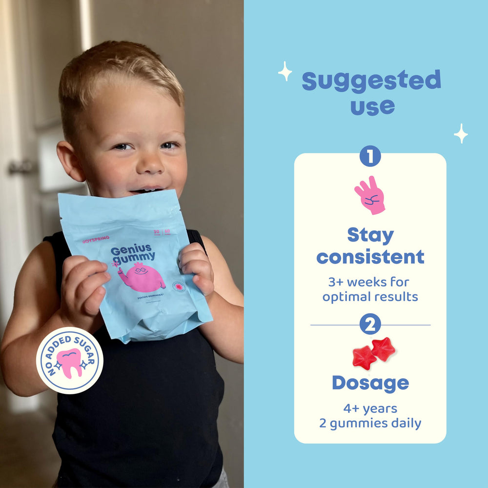 JoySpring Genius Kids Focus Gummies vegan label indicates plant-based formula