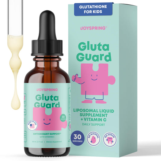 JoySpring GlutaGuard liposomal glutathione drops bottle offers gentle antioxidant support for kids.