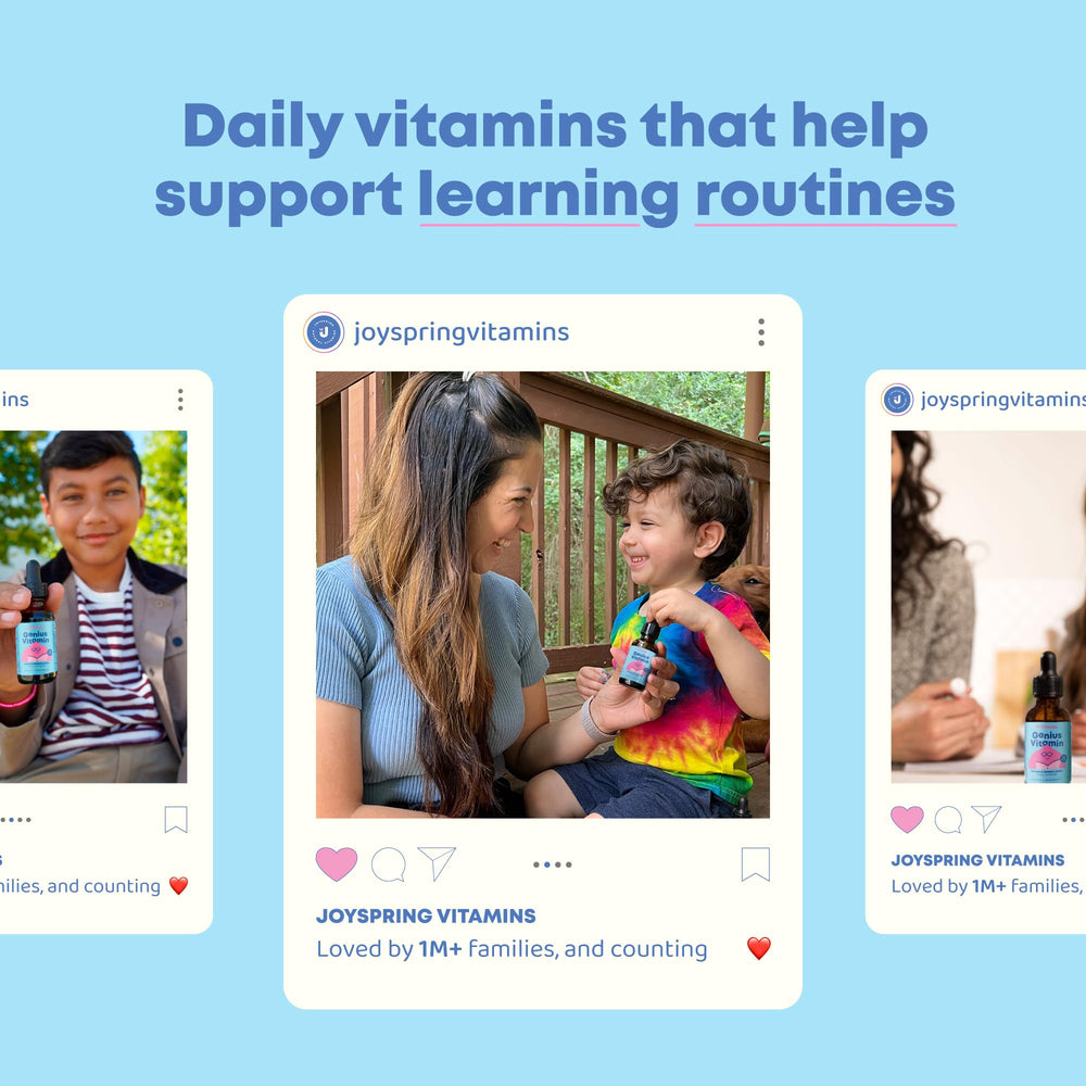 JoySpring Kids B Complex label close-up highlighting vitamins and zinc.