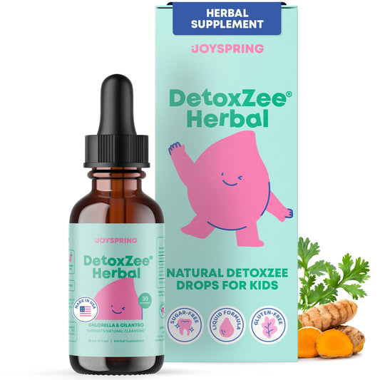 JoySpring Cilantro Detox bottle pour demonstrates easy daily dosing for kids.