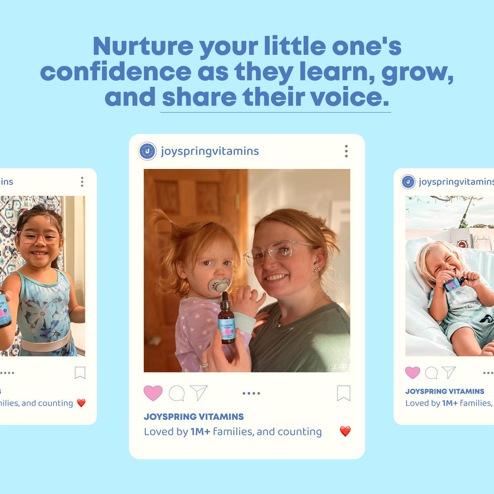 JoySpring Lions Mane for Kids dosage droplet illustration emphasizes kid-friendly intake