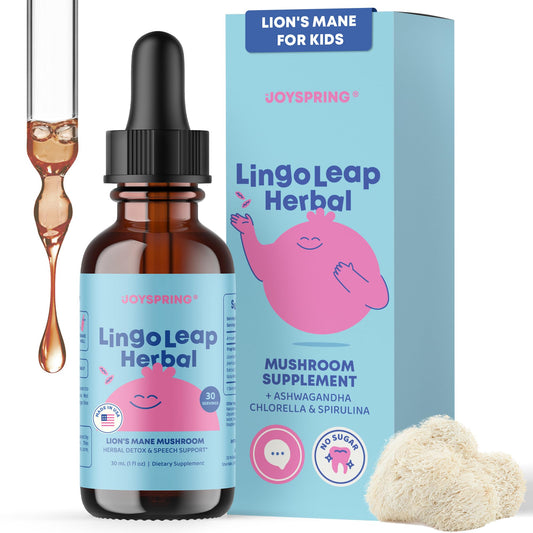 JoySpring Lions Mane for Kids dropper bottle demonstrates easy daily dose for kids' routine