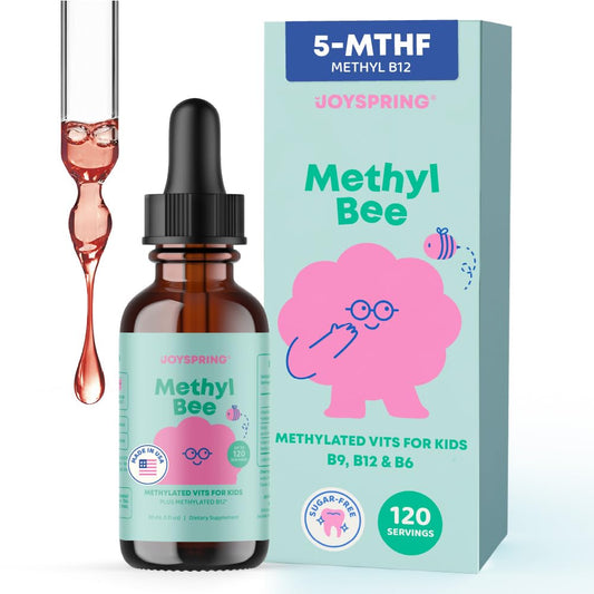 JoySpring Methylfolate for Kids bottle pour in Berry Lemonade, easy kid-friendly dosing.