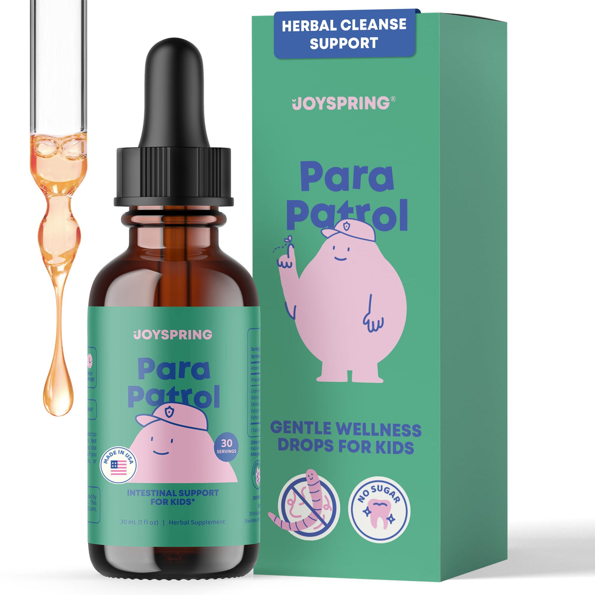JoySpring ParaPatrol bottle pour demonstrates a kid-friendly herbal blend aiding gentle digestive balance
