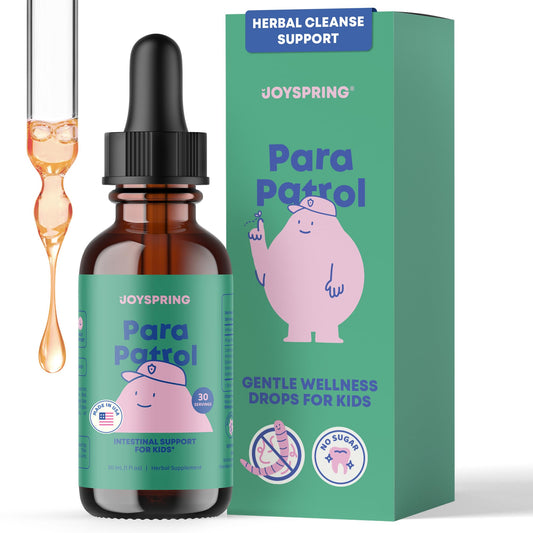 JoySpring ParaPatrol bottle pour demonstrates a kid-friendly herbal blend aiding gentle digestive balance