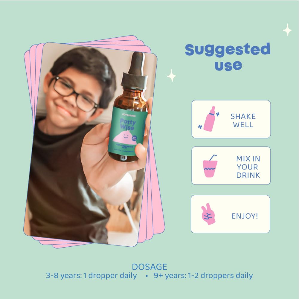 JoySpring Potty Wise dosage guide shows 1-3 droppers for different ages.