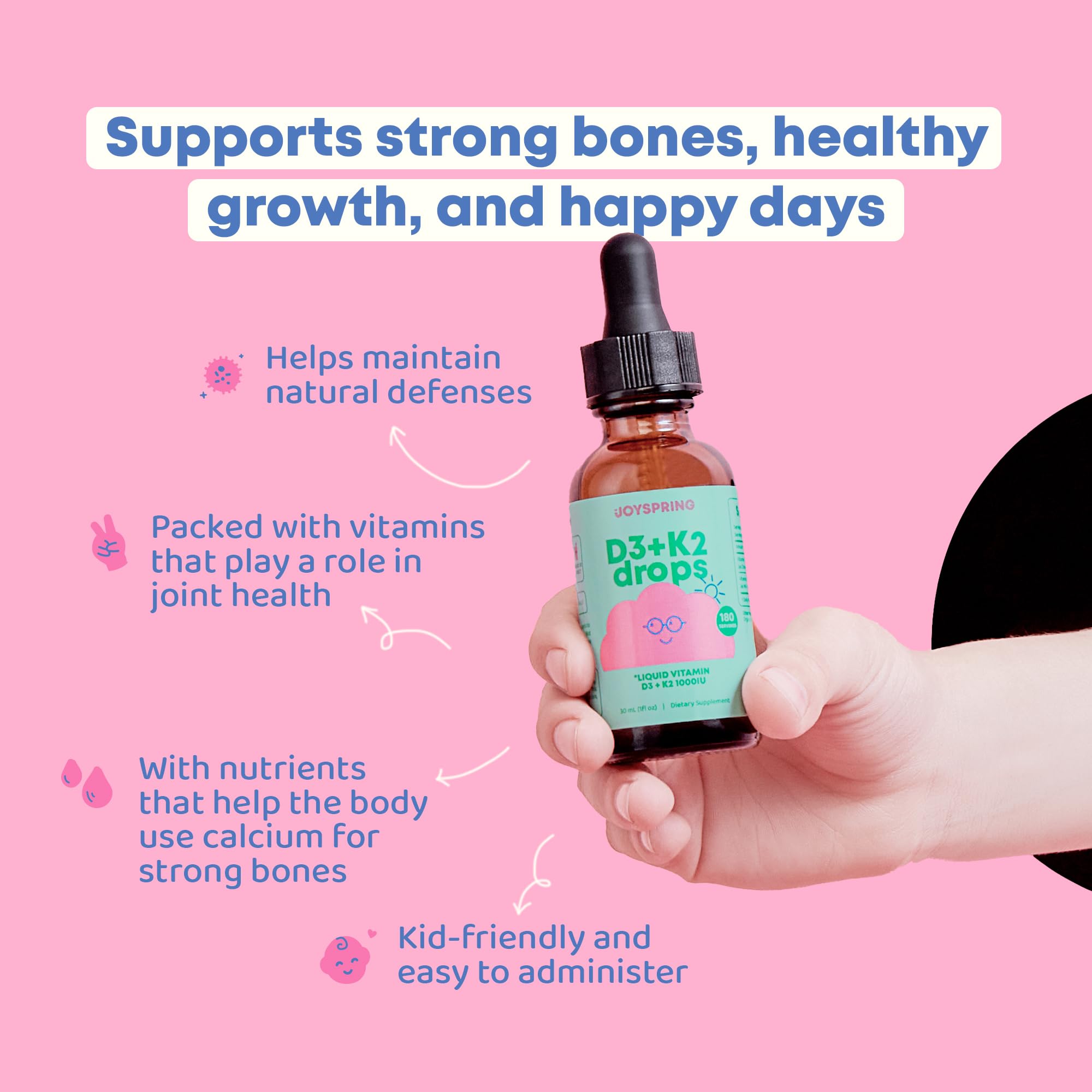 JoySpring vitamin D3 kids drops non-pill form ideal for kids ages 3–18.