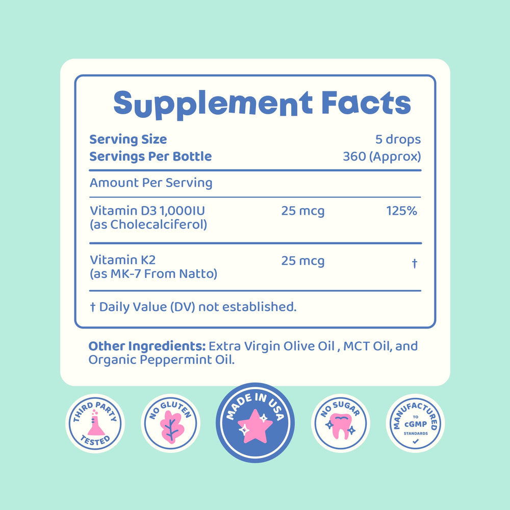 JoySpring vitamin D3 kids drops olive-oil matrix visual highlights rich absorption ingredients.