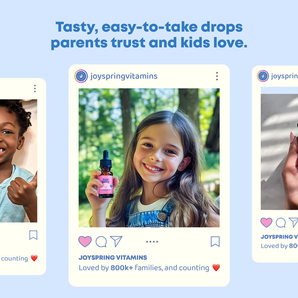 JoySpring ZincBerry label highlights ingredients and usage for parents.