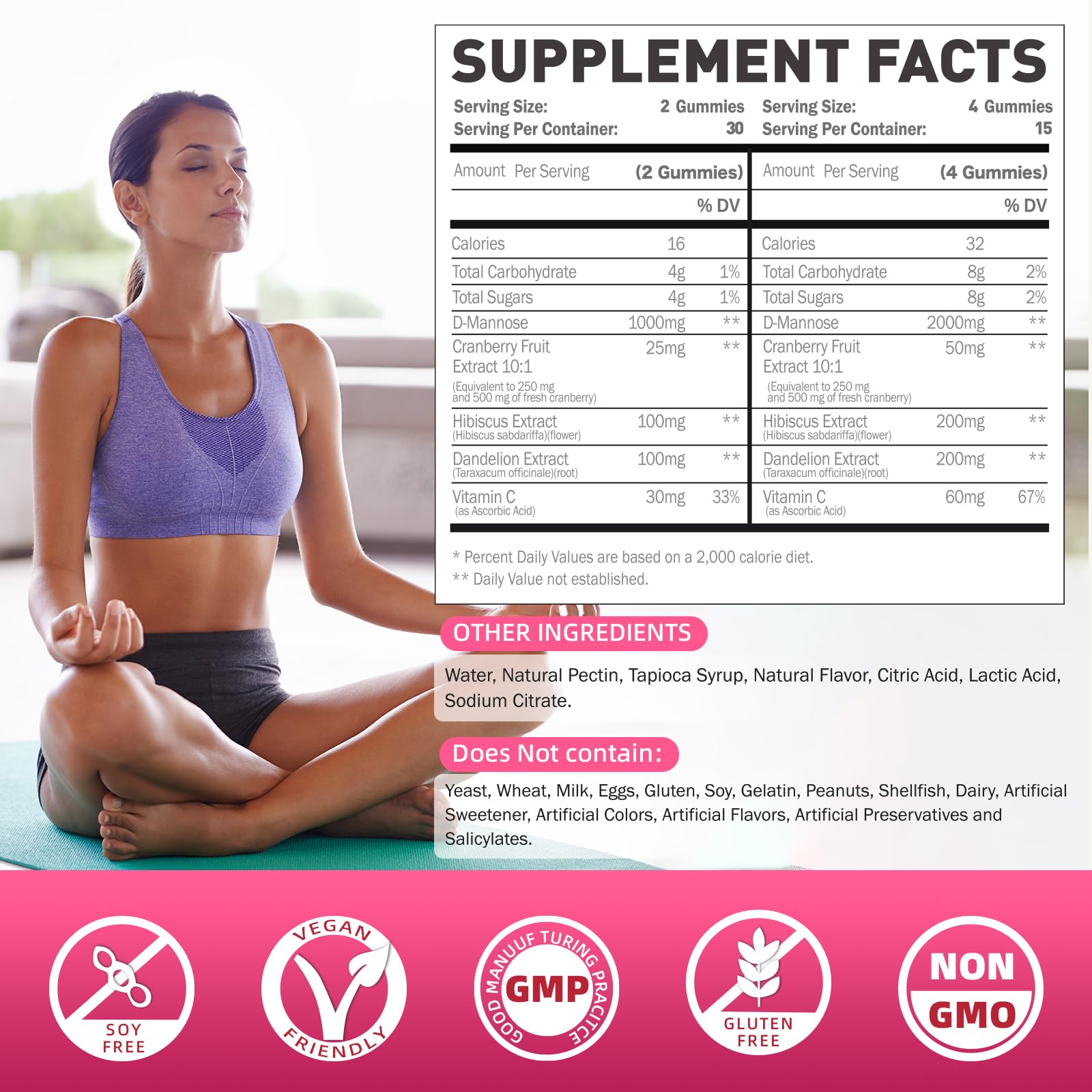 Joywiit D-Mannose Gummies bottle side showing supplement facts for daily urinary support.