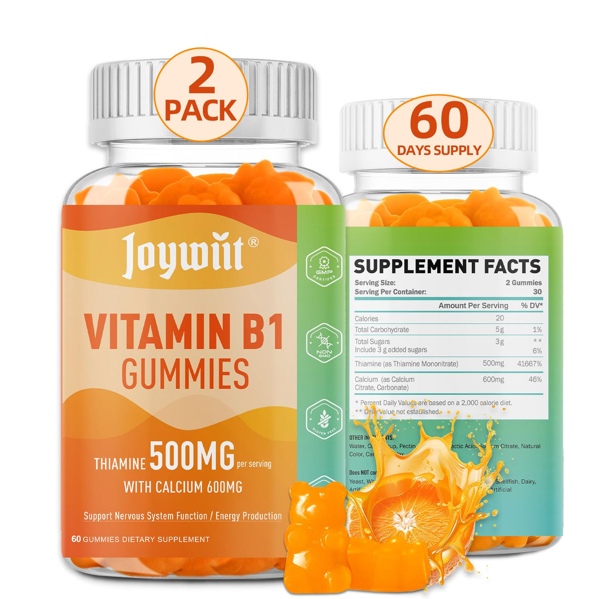 Joywiit Vitamin B1 Gummies orange bottle for convenient daily energy support