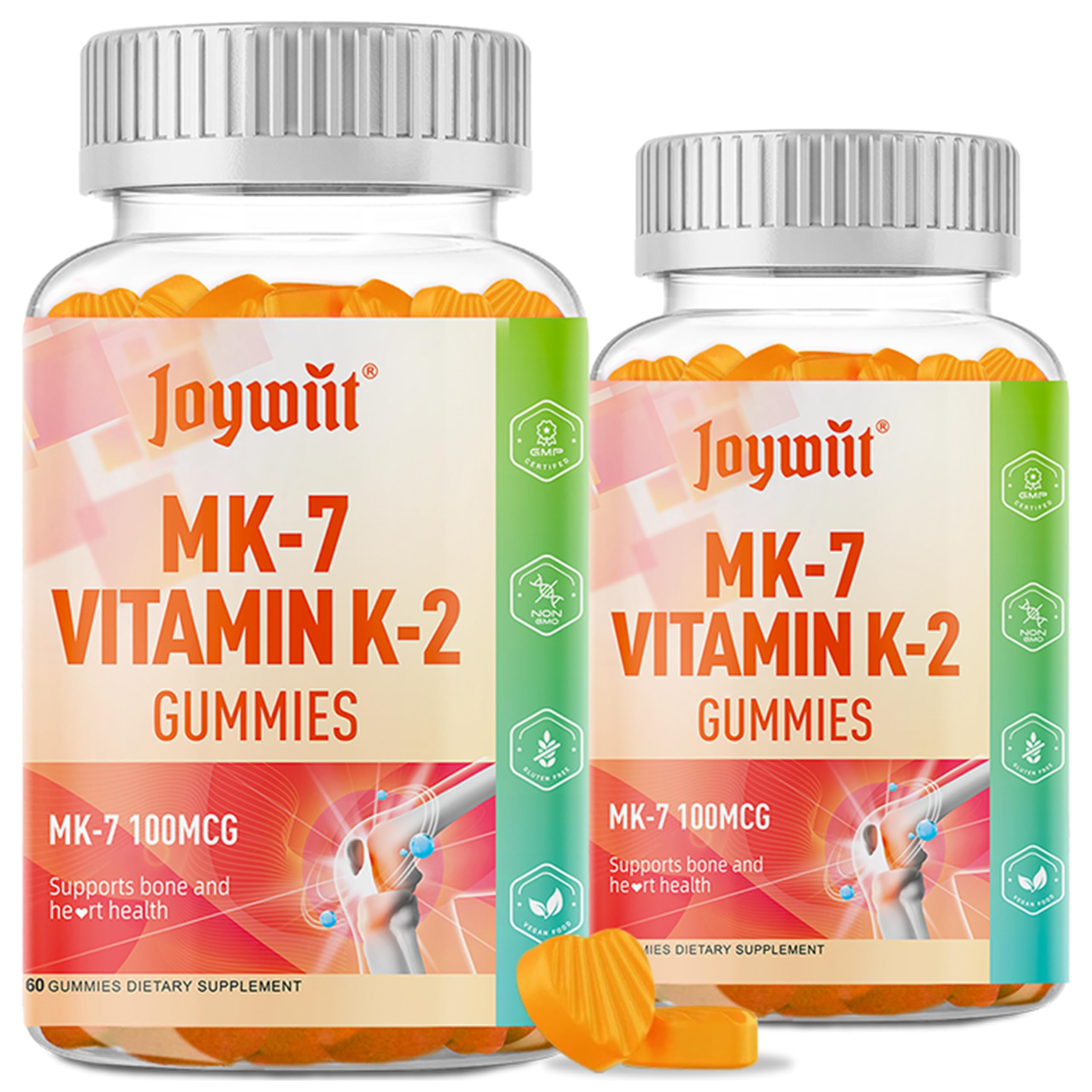 Joywiit Vitamin K2 MK-7 Gummies bottle shows 100 mcg serving for bone support