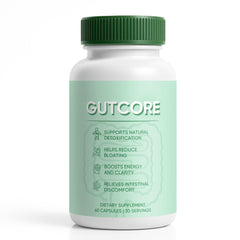 Jqewlg GutCore bottle front with label signaling digestive comfort.