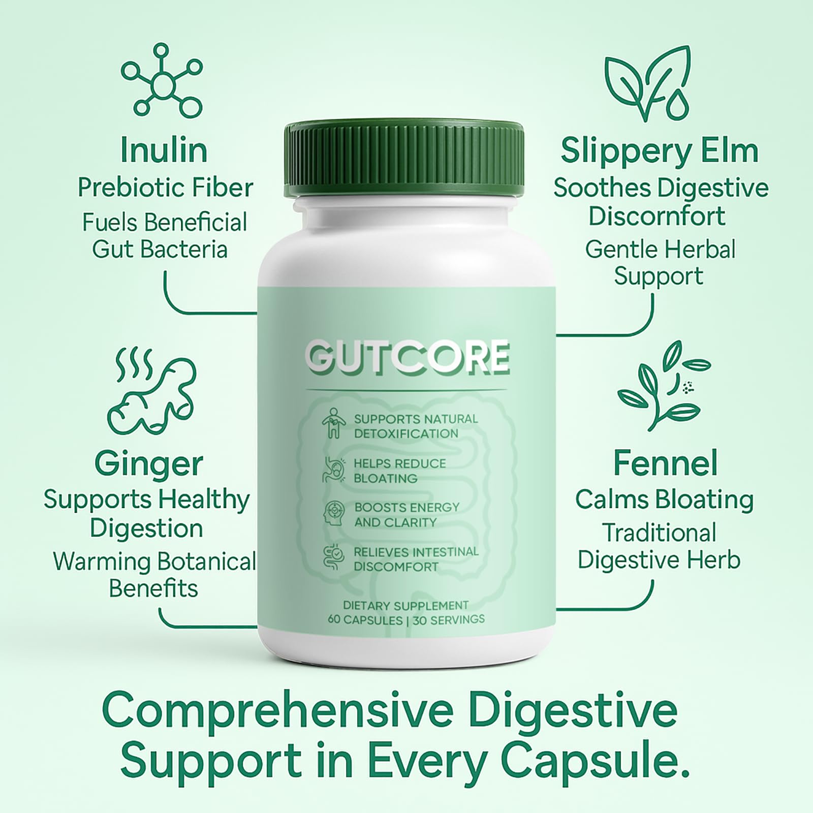 Close-up of Jqewlg GutCore vegetarian capsules for easy swallowing.
