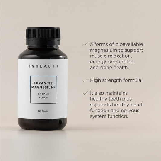 Close-up of JSHealth Advanced Magnesium capsules showing glycine and citrate forms