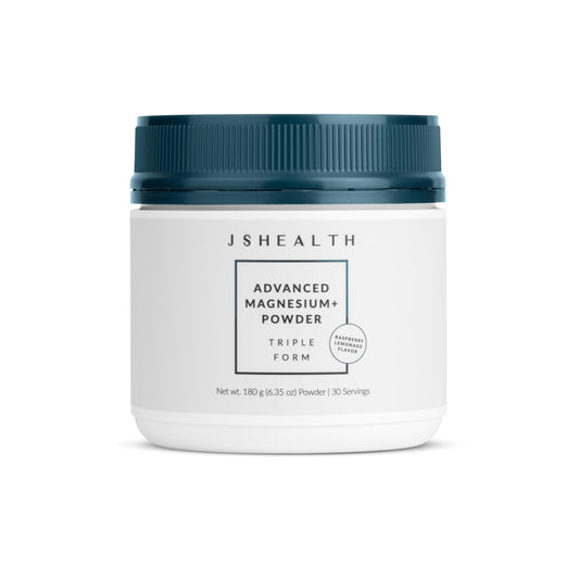 JSHealth Advanced Magnesium+ bottle shows the triple magnesium blend for daily balance.
