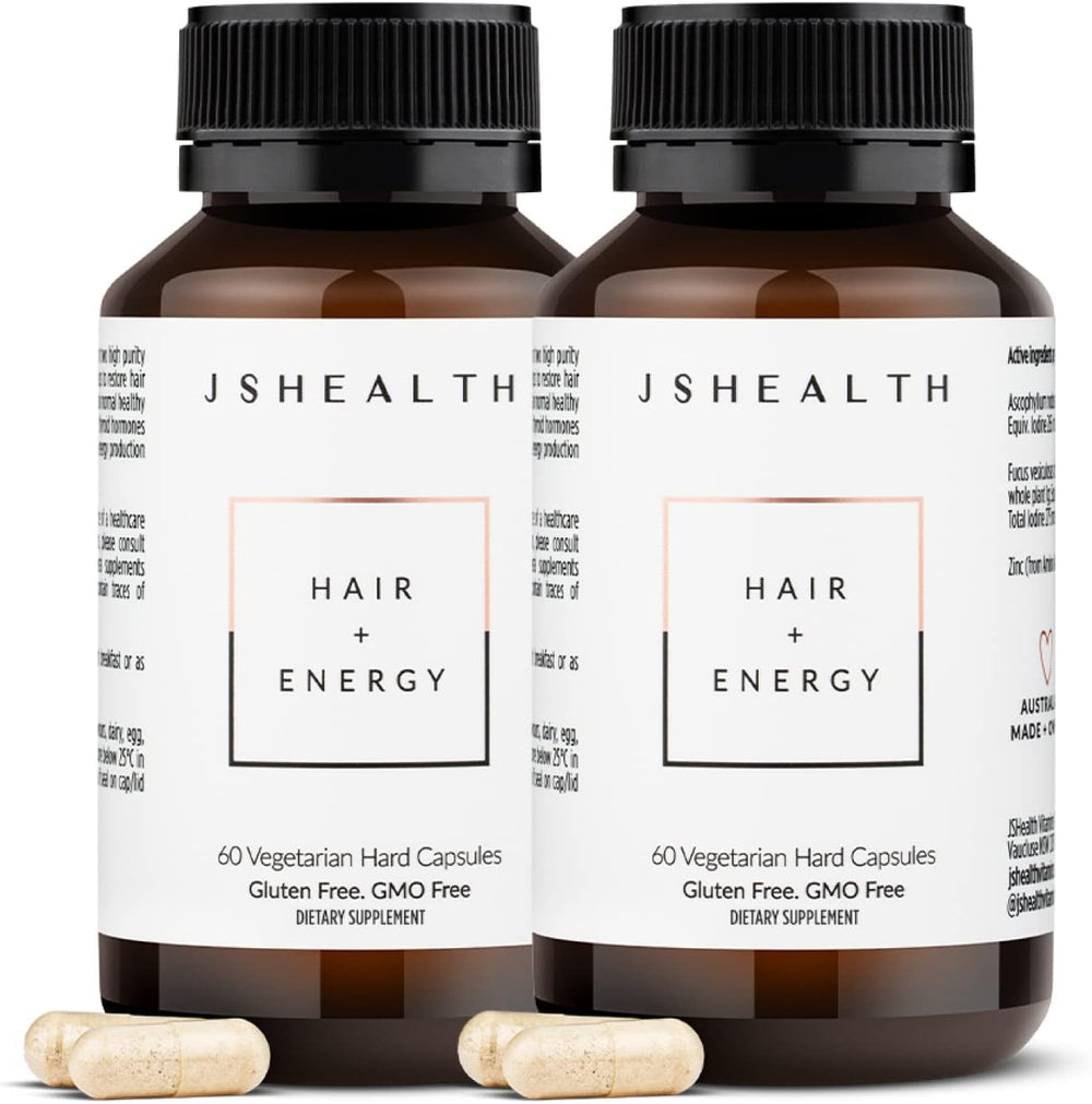 JSHealth Hair + Energy Formula bottle front highlighting key minerals for hair support.