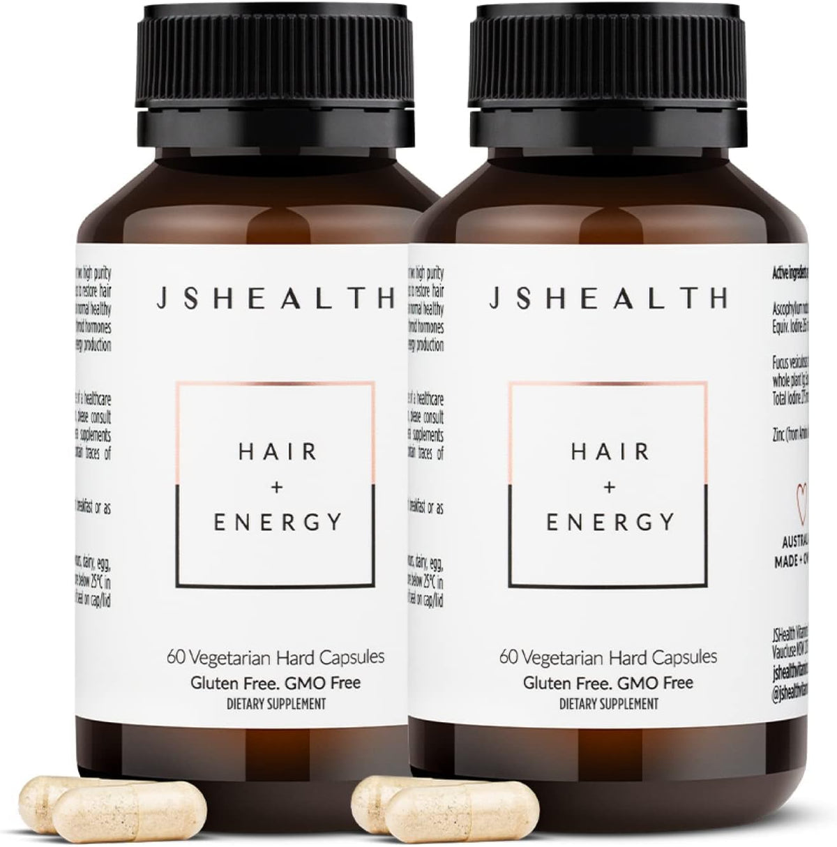 JSHealth Hair + Energy Formula bottle front highlighting key minerals for hair support.