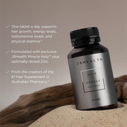 Closeup of JSHealth Hair & Energy capsules for men, focusing on energy and hair growth