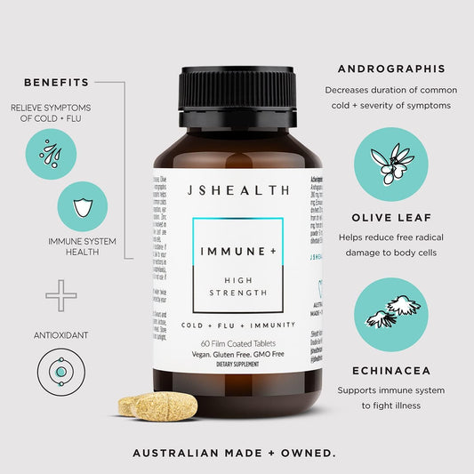 JSHealth Immune Booster bottle close-up emphasizing convenient daily immunity support