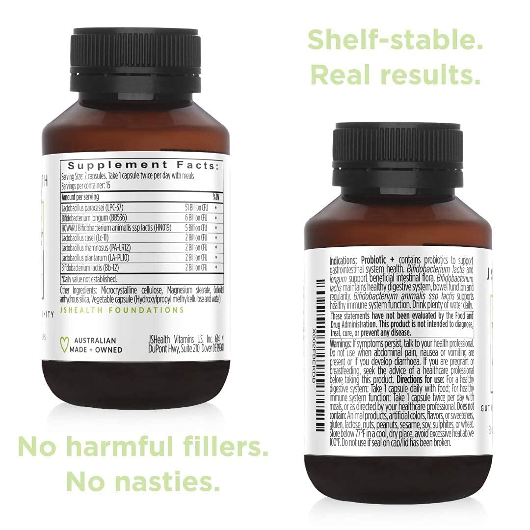 Close-up of the JSHealth label on the probiotic bottle
