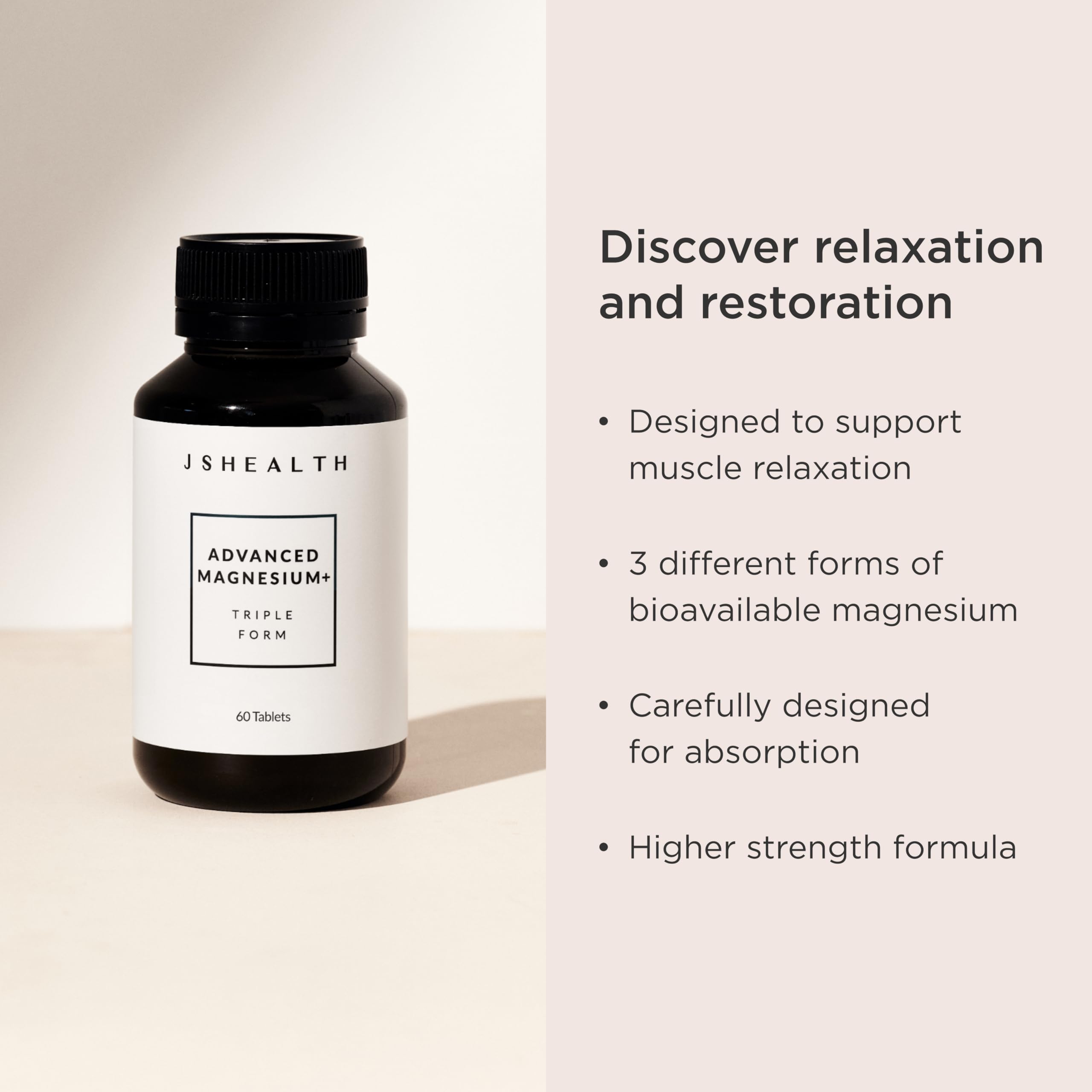JSHealth magnesium capsules close-up highlighting glycinate, citrate, and chelate blend for absorption.