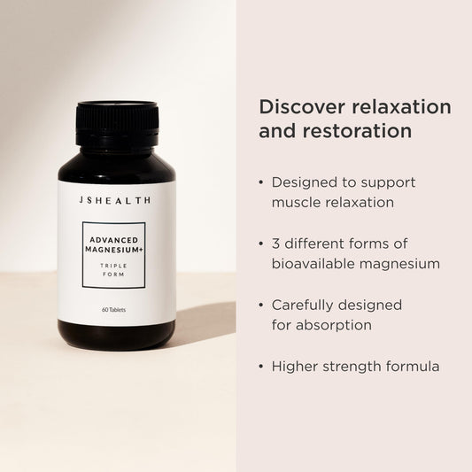 JSHealth magnesium capsules close-up highlighting glycinate, citrate, and chelate blend for absorption.