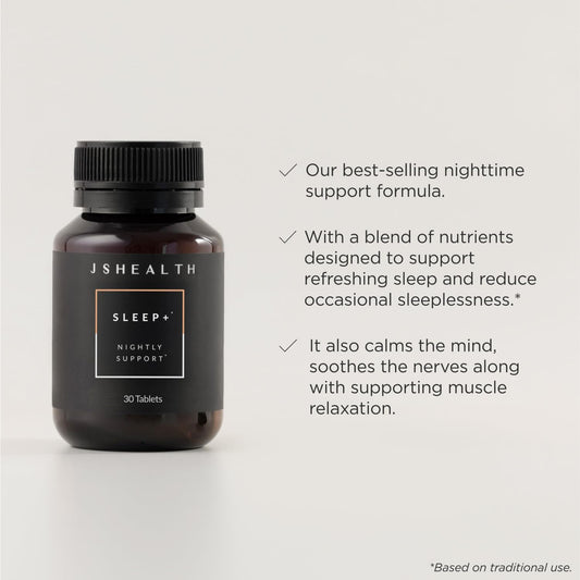 JSHealth Sleep Aid bottle label close-up showing lavender and passionflower for relaxation.