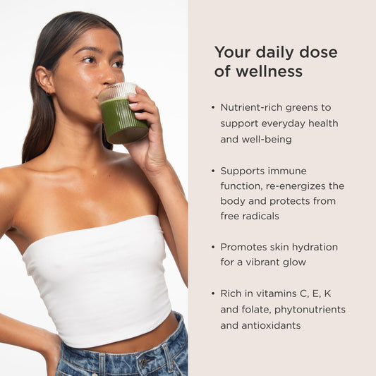 JSHealth Super Greens pour glass image, dissolving powder for a refreshing morning boost.