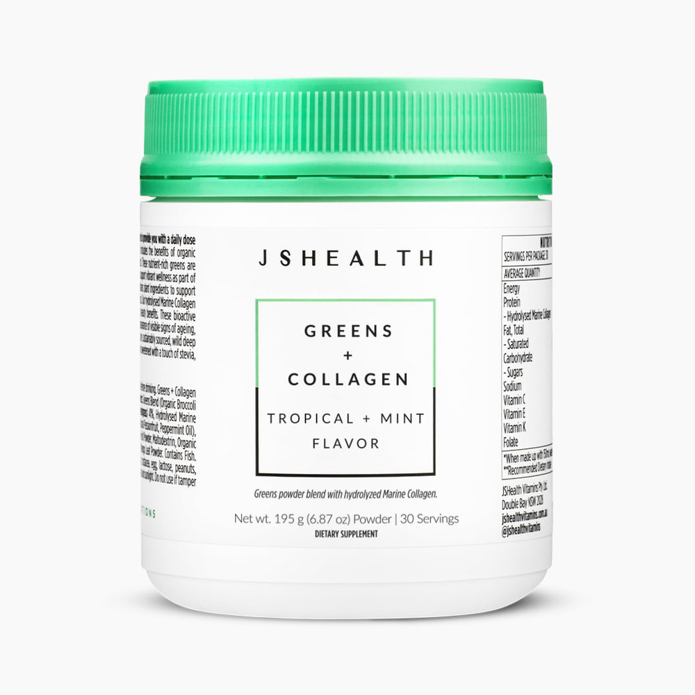 JSHealth Super Greens powder tub close-up, vibrant greens for daily wellness.