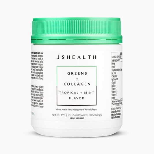 JSHealth Super Greens powder tub close-up, vibrant greens for daily wellness.