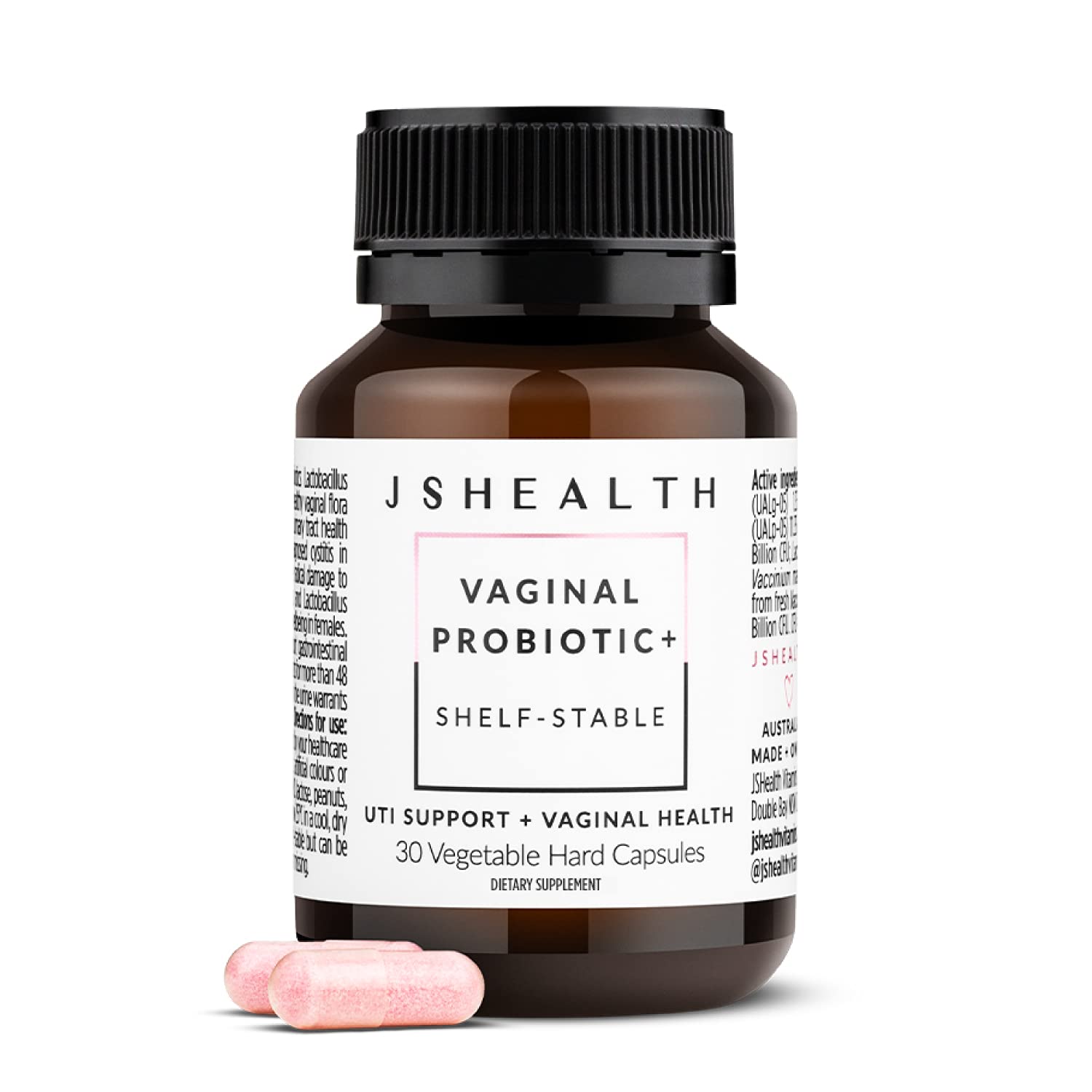 JSHealth Vaginal Probiotic bottle label showing product name and health support.